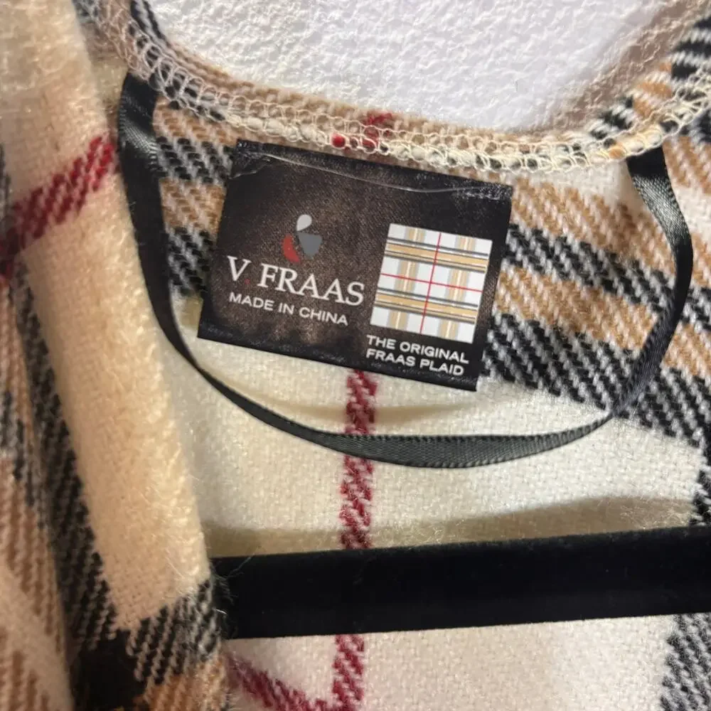 V. Fraas Plaid Ruana Poncho Wrap Shawl Ivory Tan Burgundy One Size - Picture 2 of 5